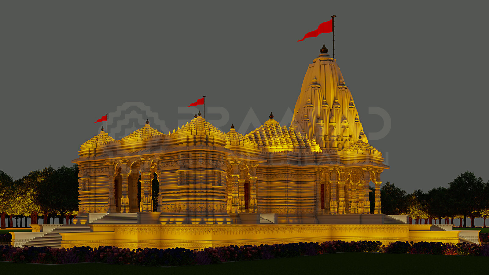 Shri Bhavani Dham illuminated night render