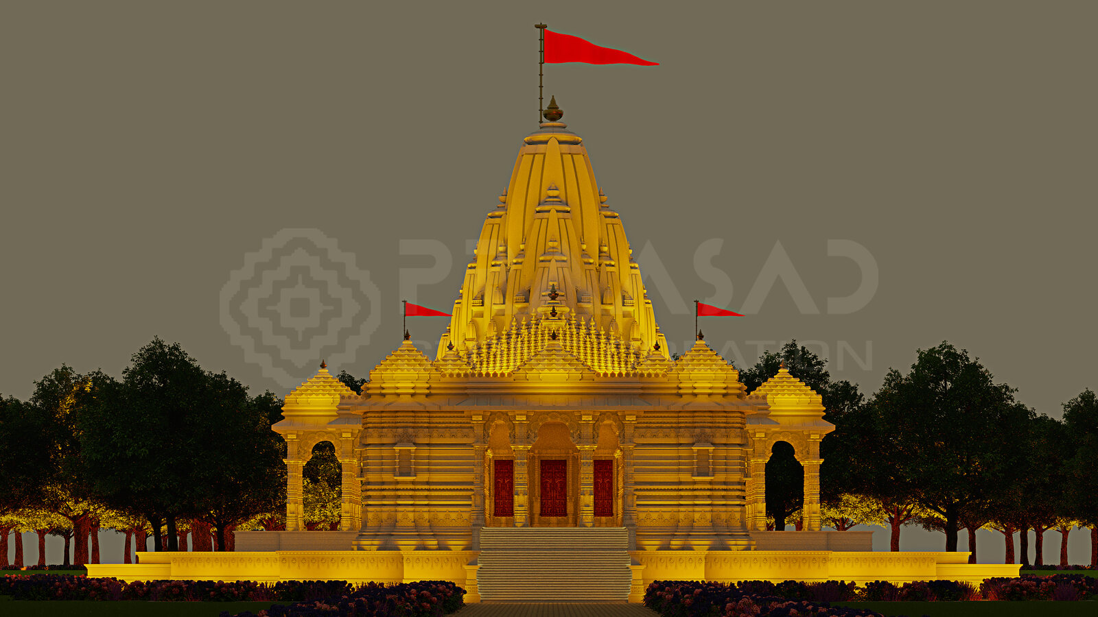 Shri Bhavani Dham front elevation at night