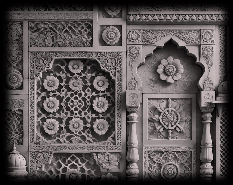 Ornate carved stone panel with floral medallion