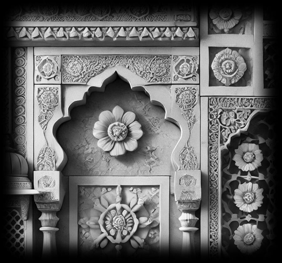 Detailed carved stone pillars, jali and floral medallion